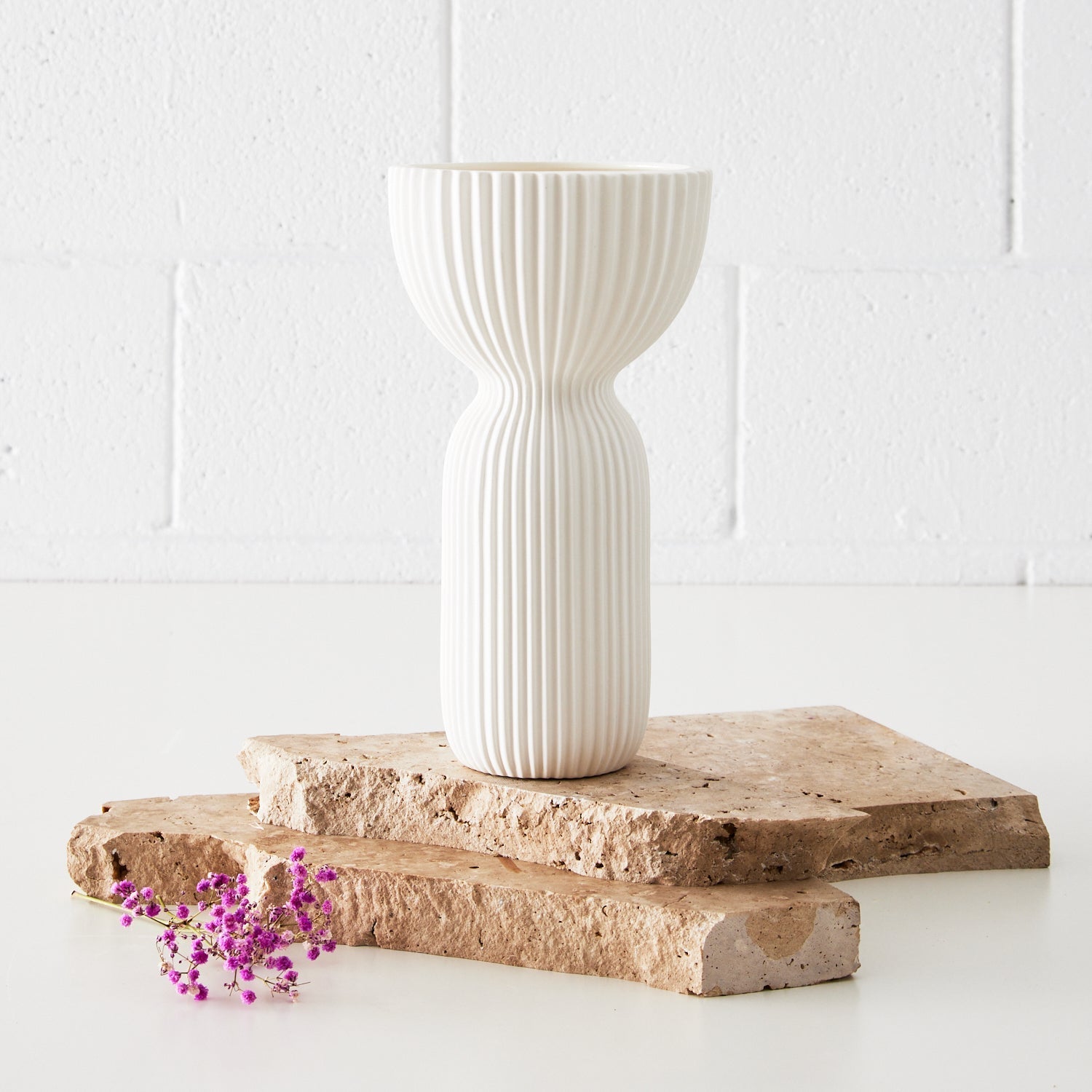 Corrugated Cylinder Ceramic Vase White KAILE