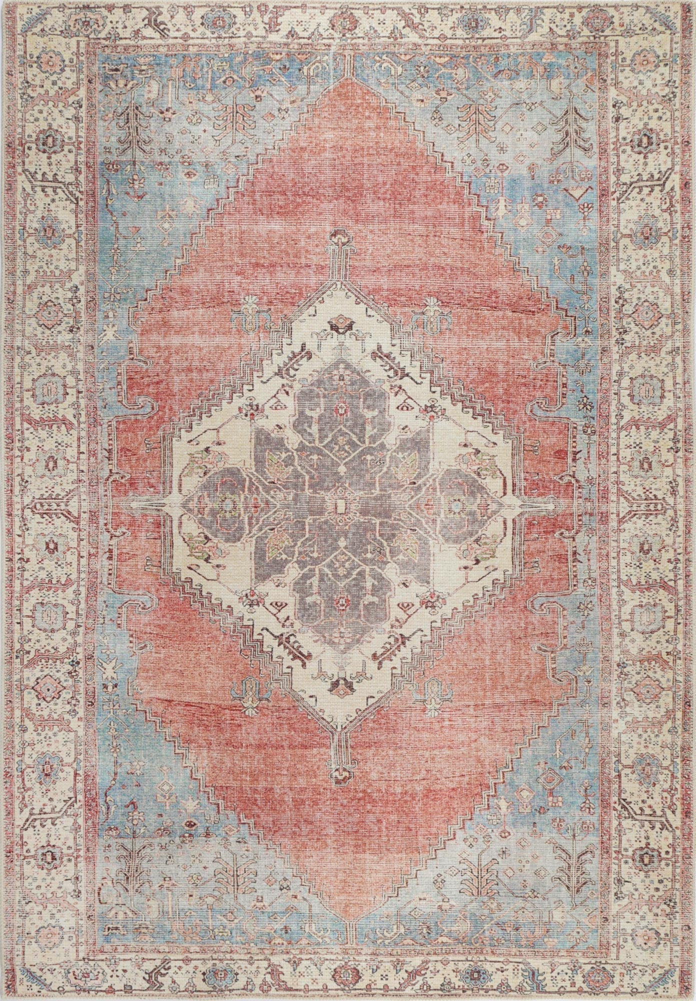 Distressed Vintage Belle Rust Blue Washable Rug - Washable Rug - Rugs a Million