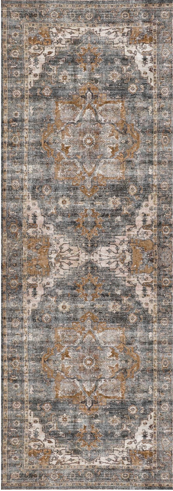 Distressed Vintage Cezanne Rabbit Gray Inca Gold Runner Rug - Washable Rug - Rugs a Million