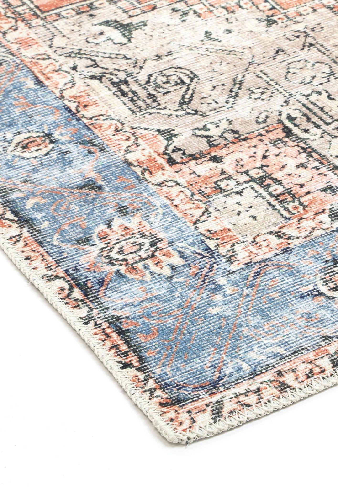 Distressed Vintage Cezanne Terracotta Blue Area Runner - Washable Rug - Rugs a Million