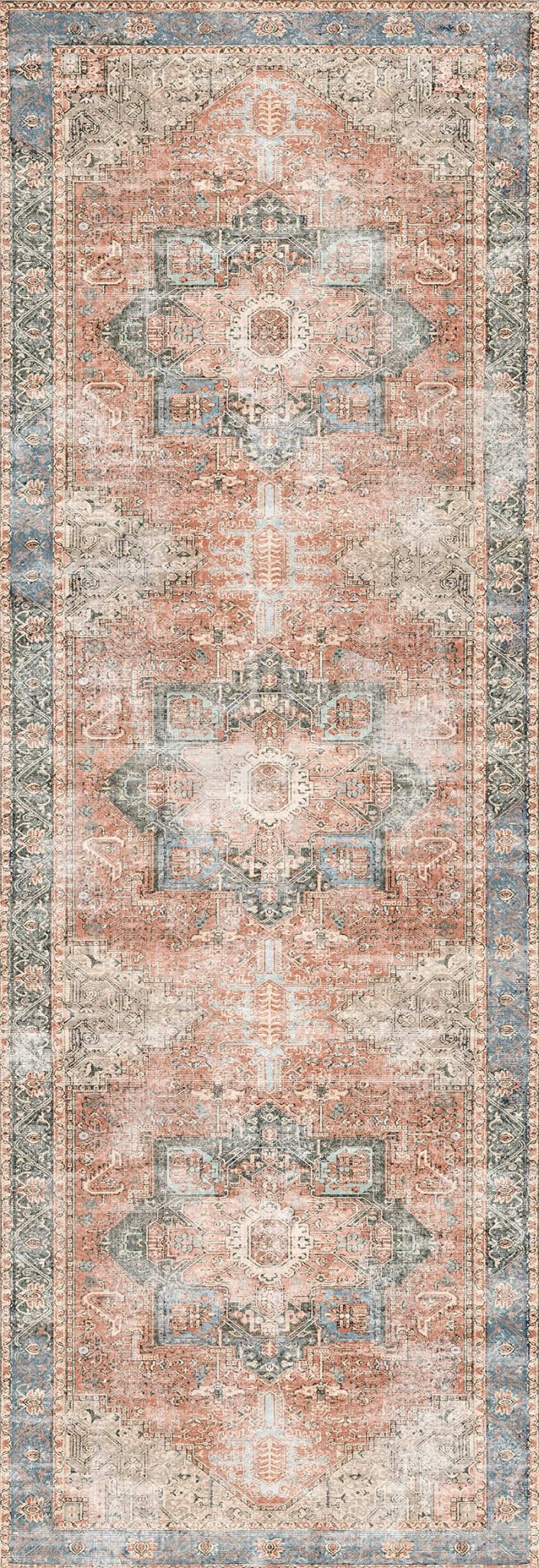 Distressed Vintage Cezanne Terracotta Blue Area Runner - Washable Rug - Rugs a Million