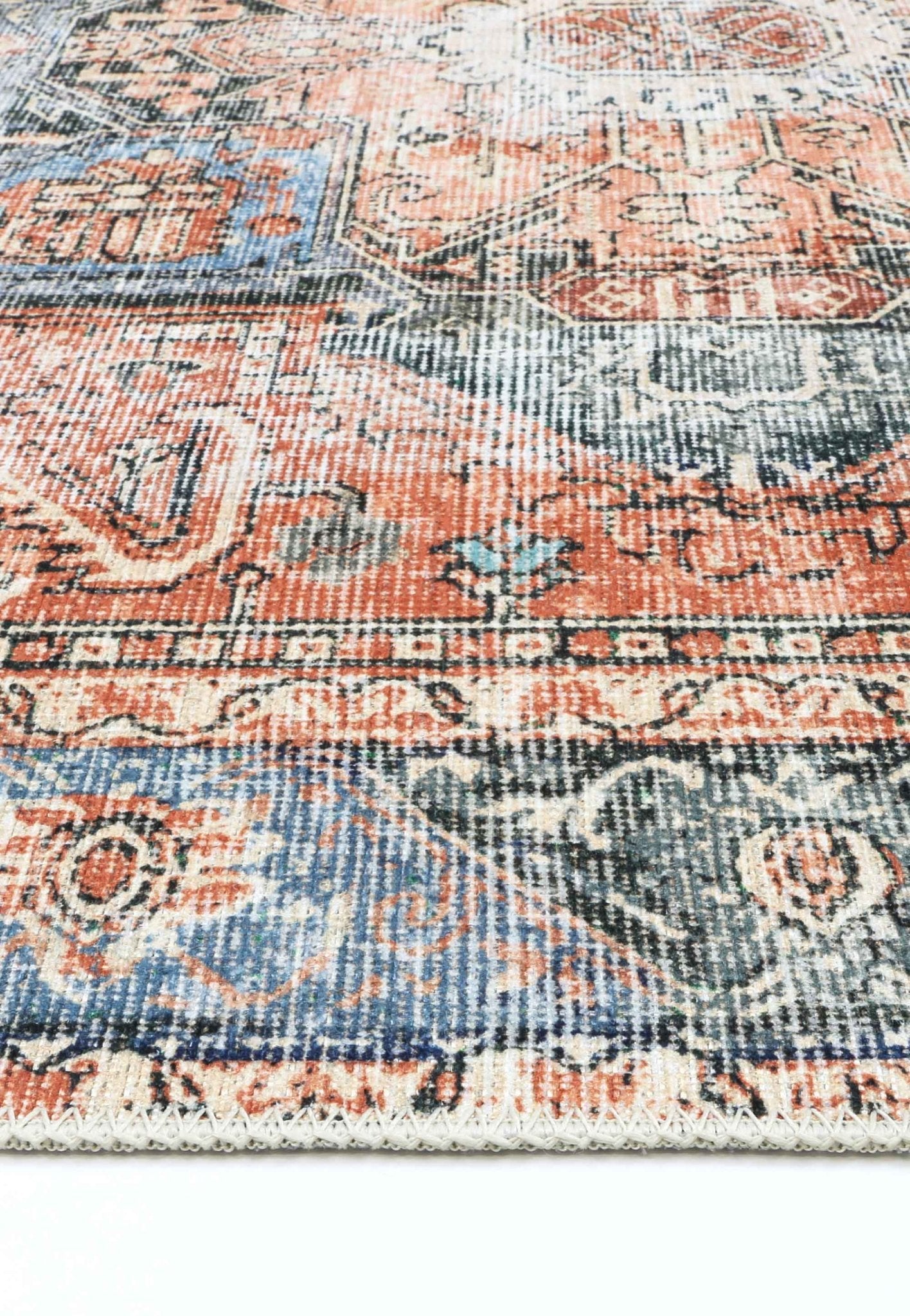 Distressed Vintage Cezanne Terracotta Blue Area Runner - Washable Rug - Rugs a Million