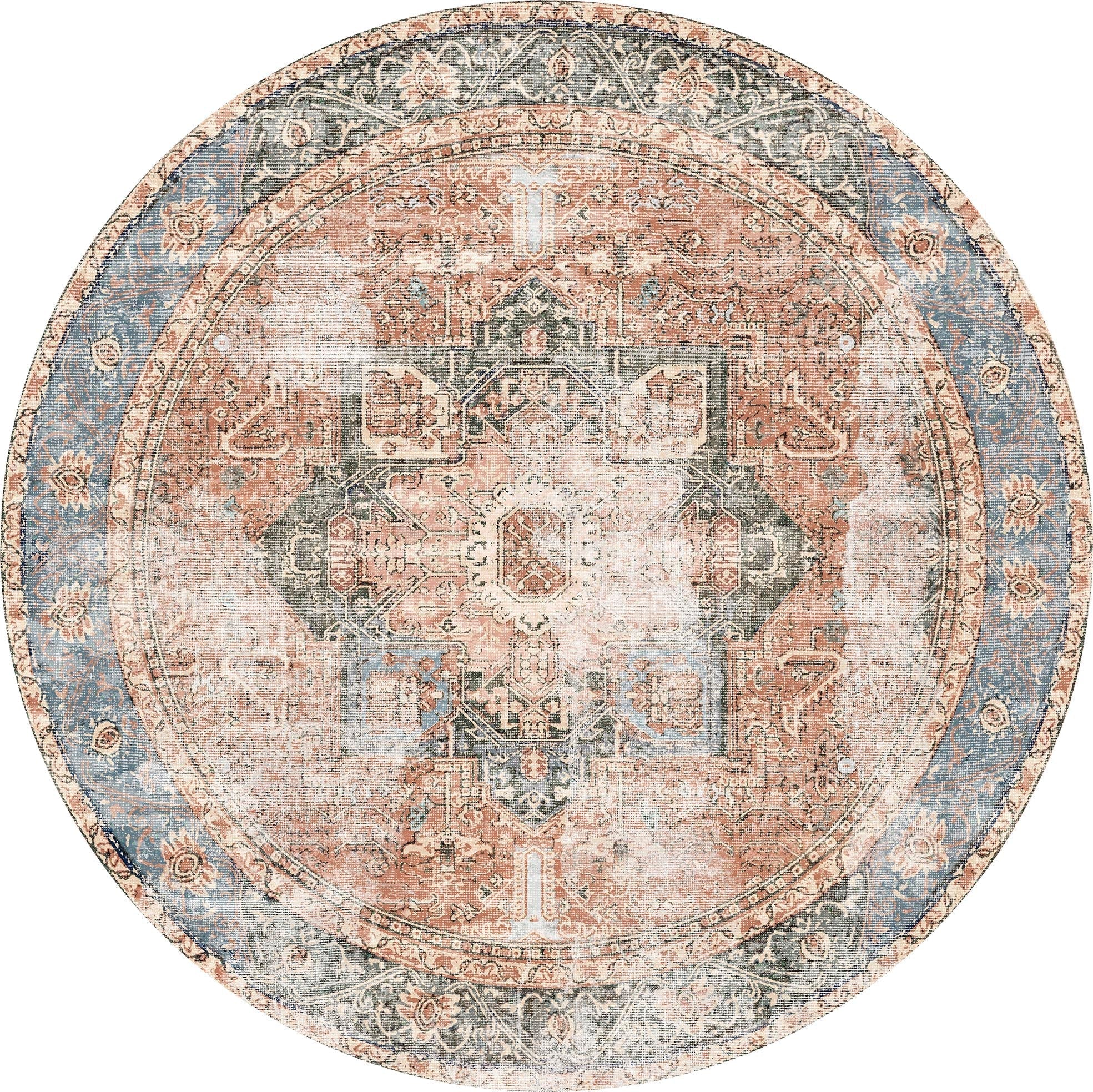 Distressed Vintage Cezanne Terracotta Blue Round Washable Rug - Washable Rug - Rugs a Million