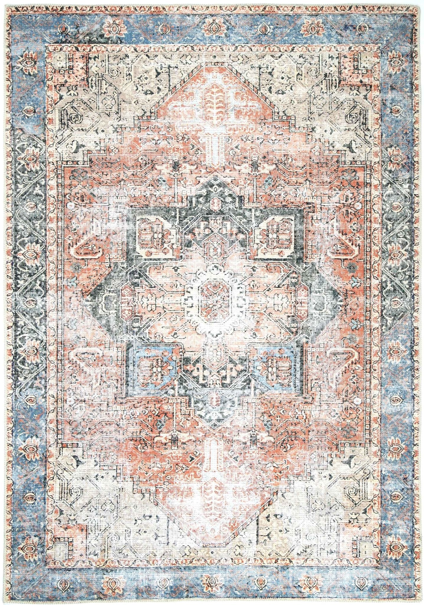 Distressed Vintage Cezanne Terracotta Blue Washable Rug - Washable Rug - Rugs a Million