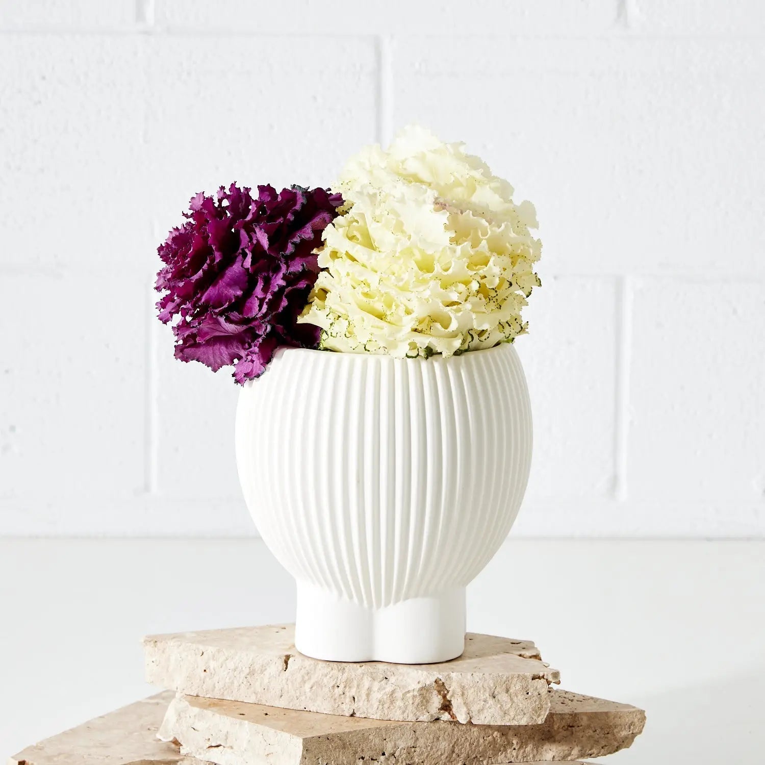 Footed Corrugated Ceramic Vase White - Vase - Rugs a Million