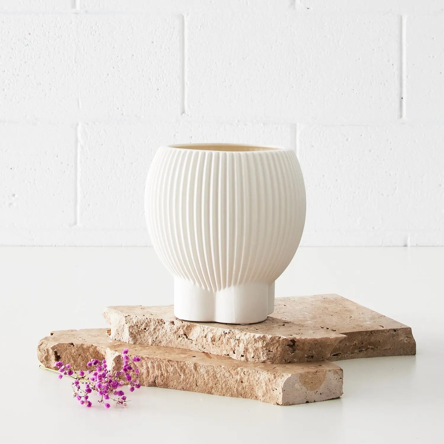 Footed Corrugated Ceramic Vase White - Vase - Rugs a Million