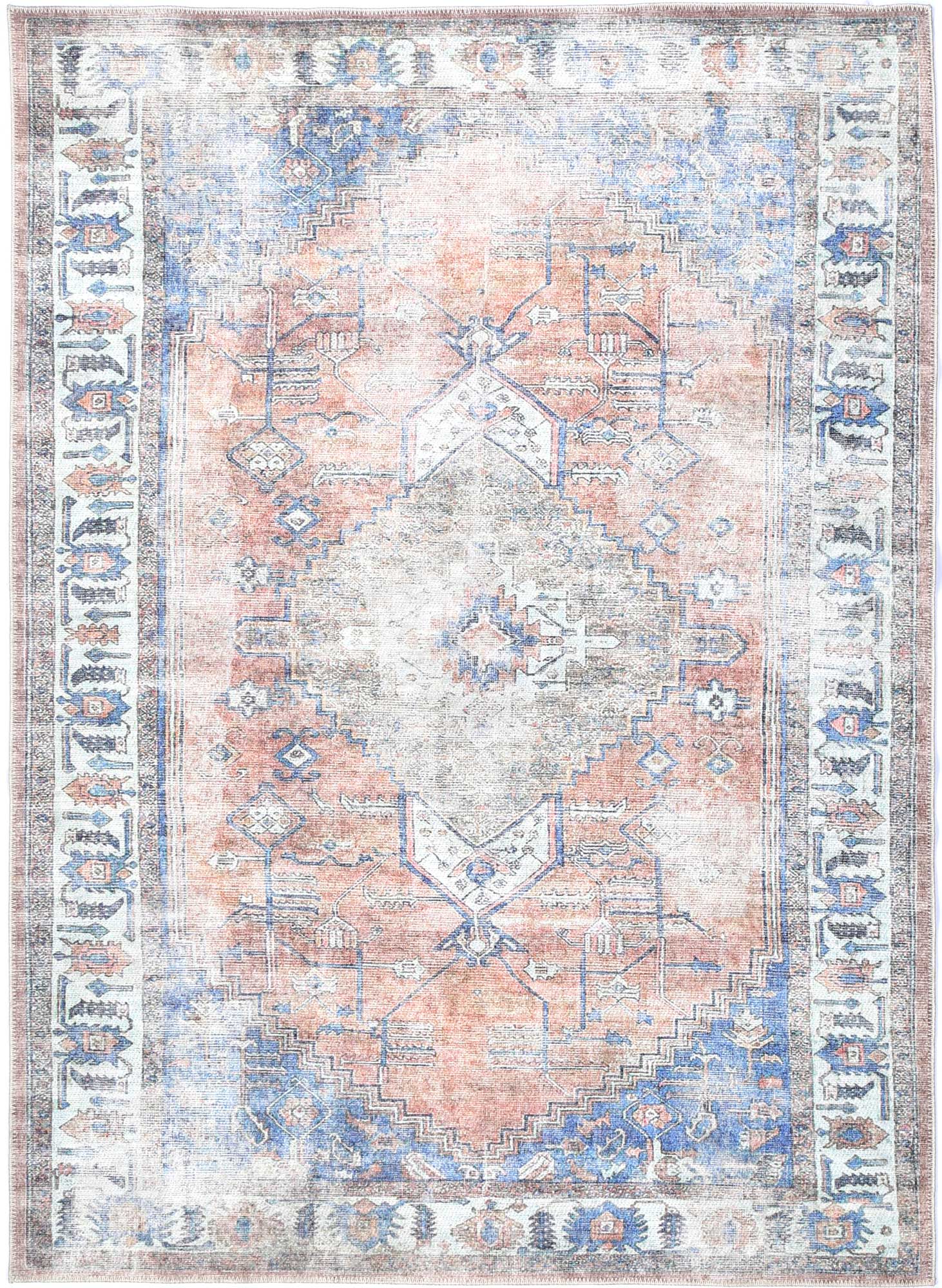 Pissarro Terracotta Blue Washable Rug - Washable Rug - Rugs a Million