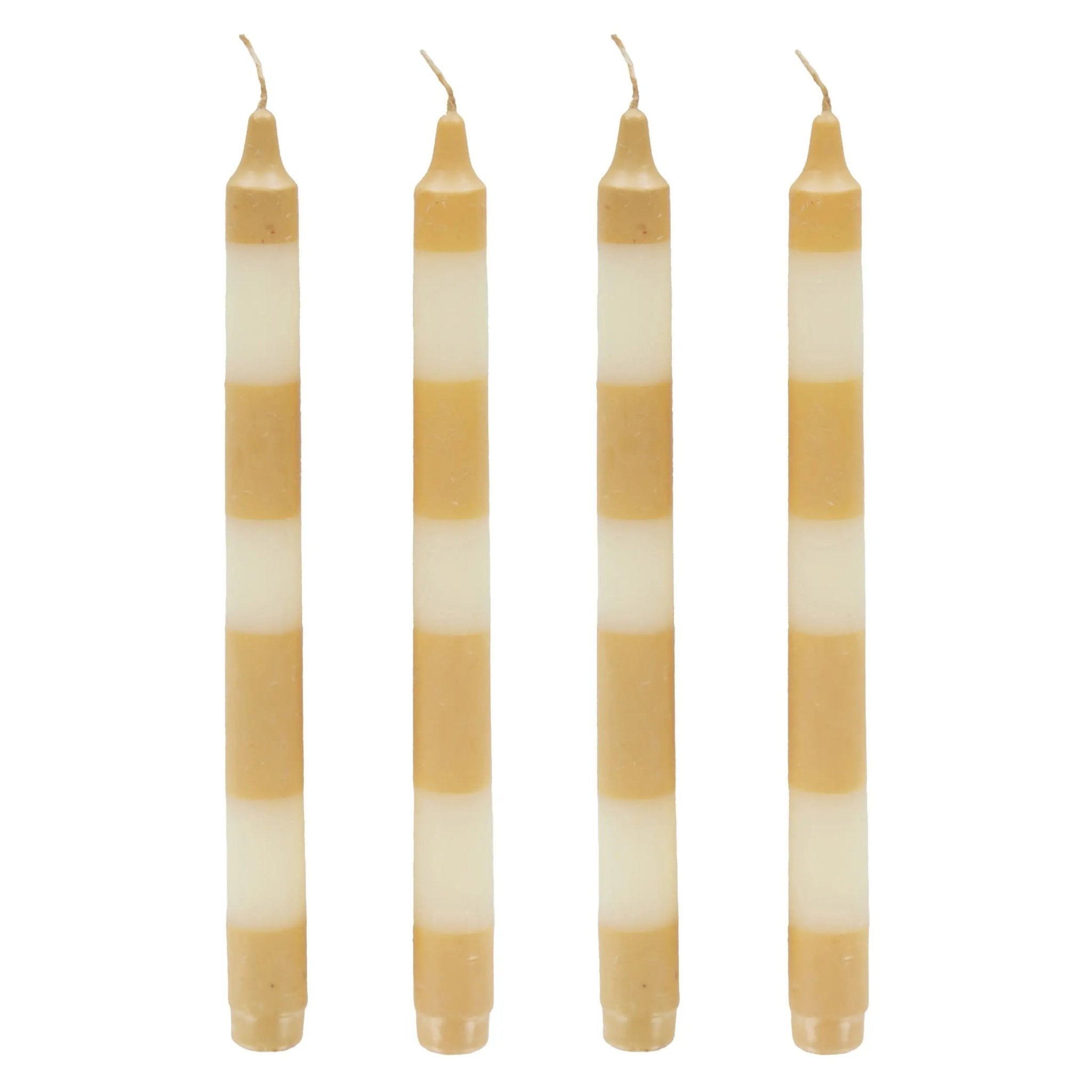 Set of Four Striped Dinner Candles in White and Mustard - Pillar Packs - Rugs a Million