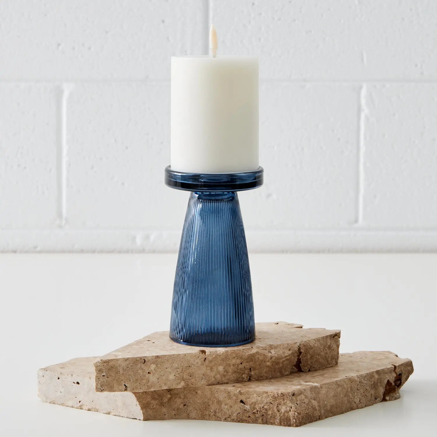 Tall Ribbed Glass Candleholder Blue - Taper/Pillar Candles - Rugs a Million