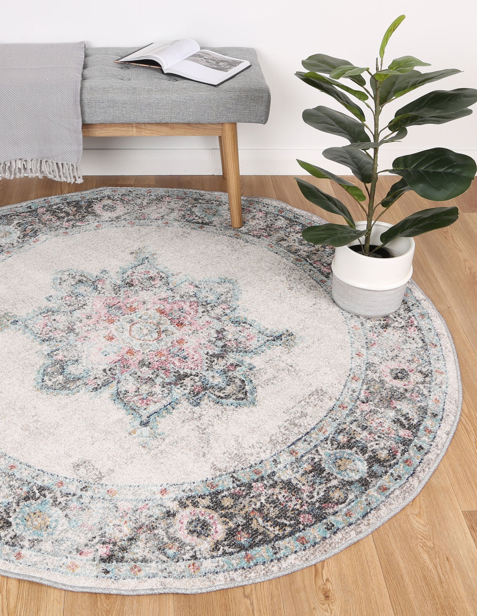 Mercury Crystal Transitional Cream Round Rug - Round Rug - Rugs a Million